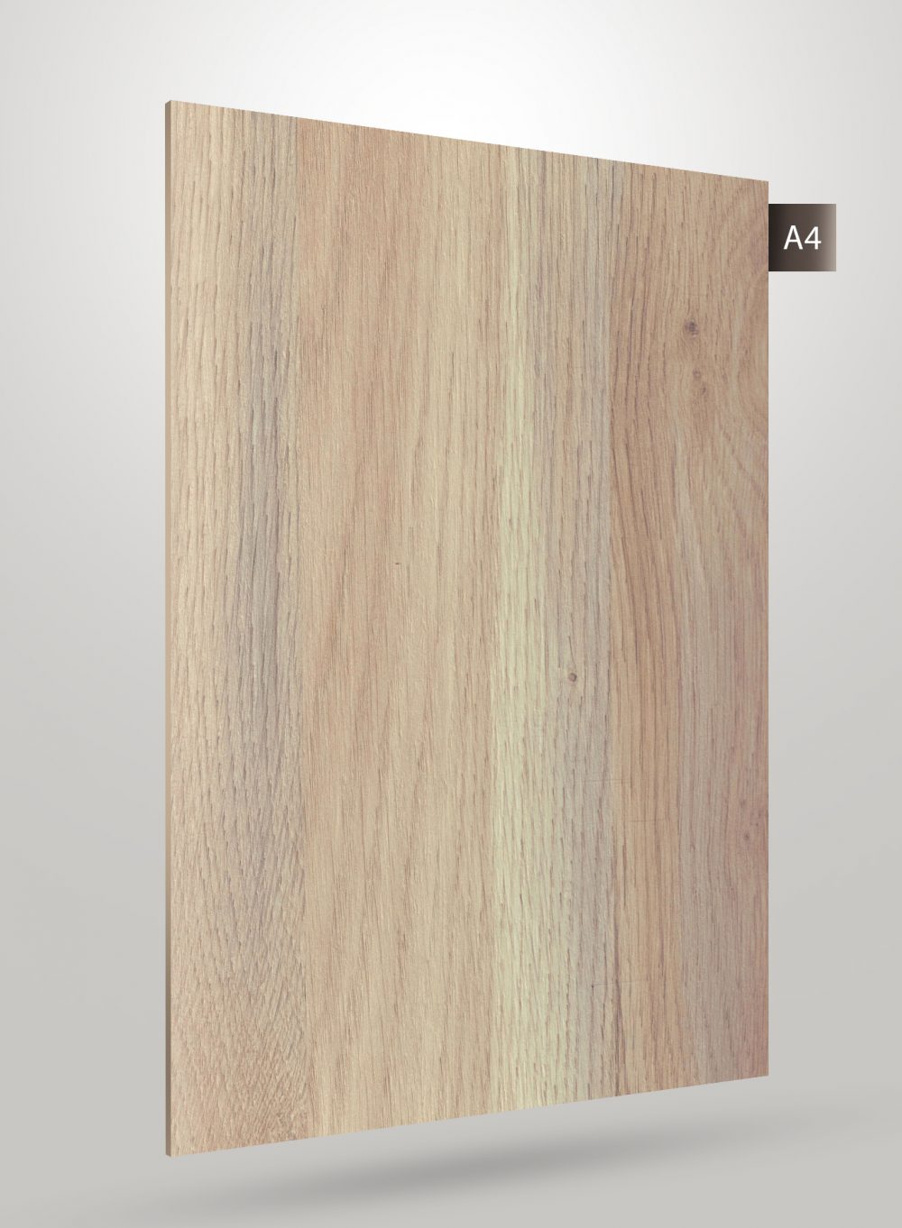 Wood veneer laminate with straight grain pattern and matte finish, showing light brown wood texture and subtle darker