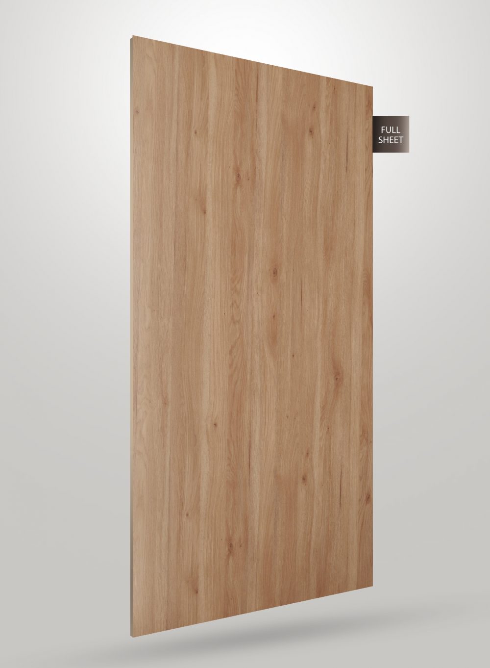 Wood veneer laminate sheet with light brown wood grain texture and matte finish, labeled full sheet.