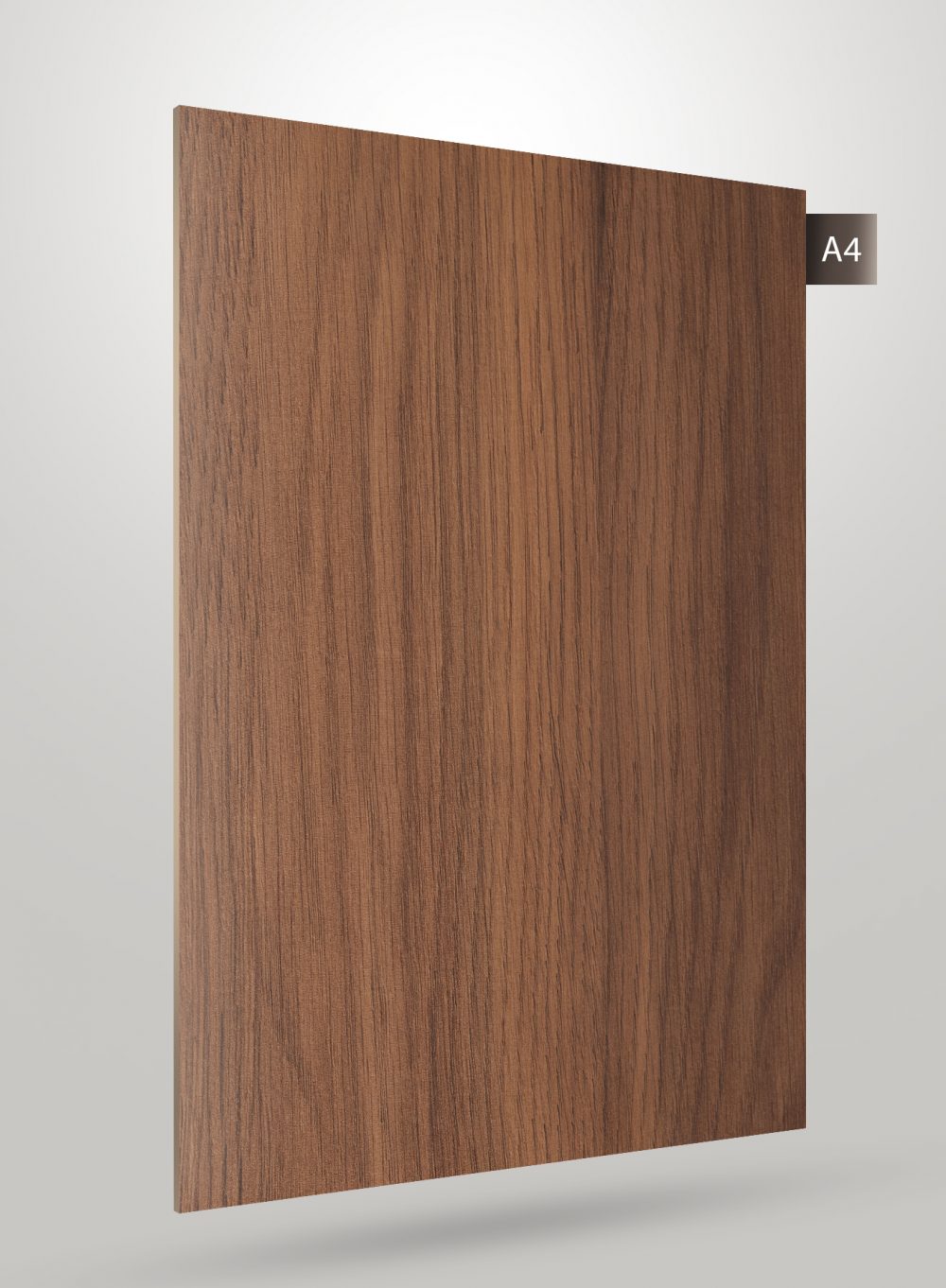 Brown wood grain decorative laminate with matte finish and vertical wood pattern texture.