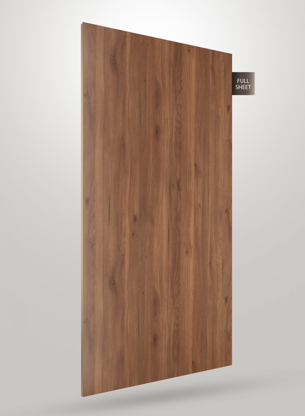 Brown wood grain decorative laminate sheet with matte finish and visible texture, labeled full sheet.