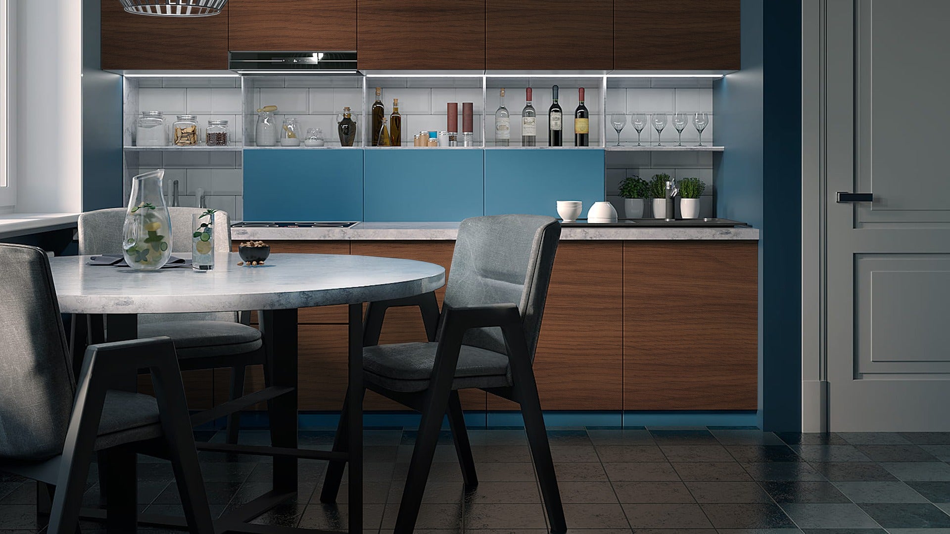 Brown wood grain laminate kitchen cabinets with matte finish and visible wood texture in a modern kitchen setting