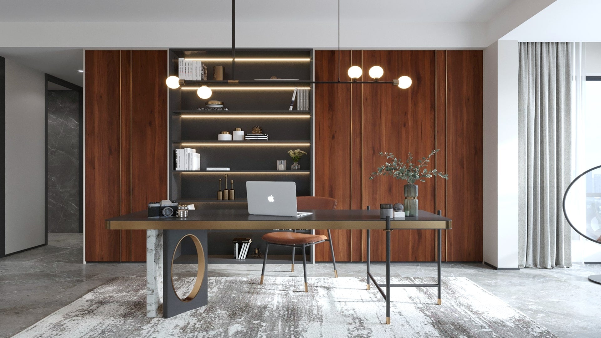 Wood veneer laminate wall with matte finish and wood grain texture in a modern office setting with furniture and decor