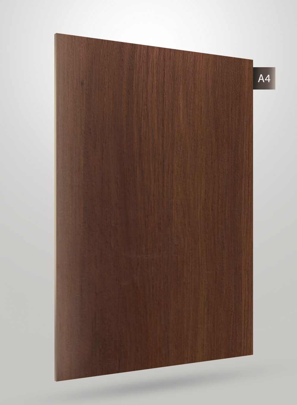 Brown wood veneer laminate with vertical grain pattern and matte finish, labeled A4 on the right corner.