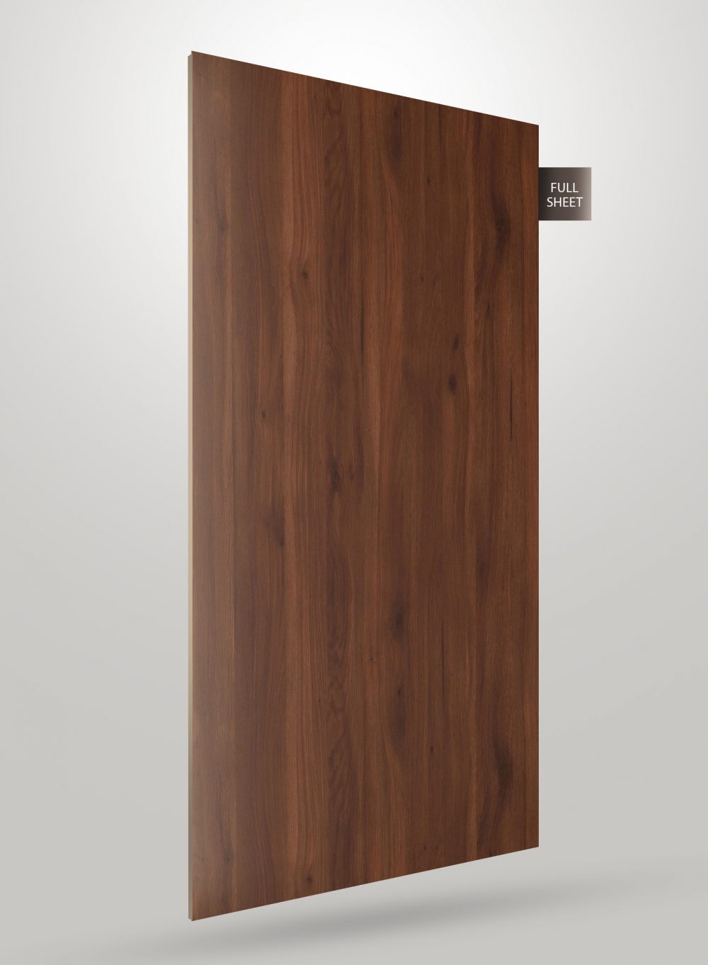 Brown wood veneer laminate sheet with matte finish and wood grain texture, displaying a full sheet view.