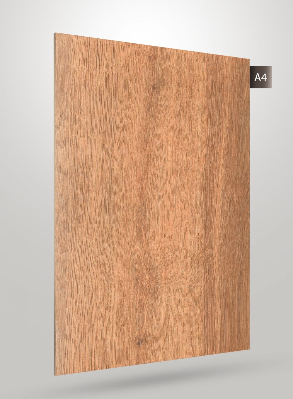 Brown wood grain decorative laminate with matte finish and visible wood texture and grain pattern on a square sheet.