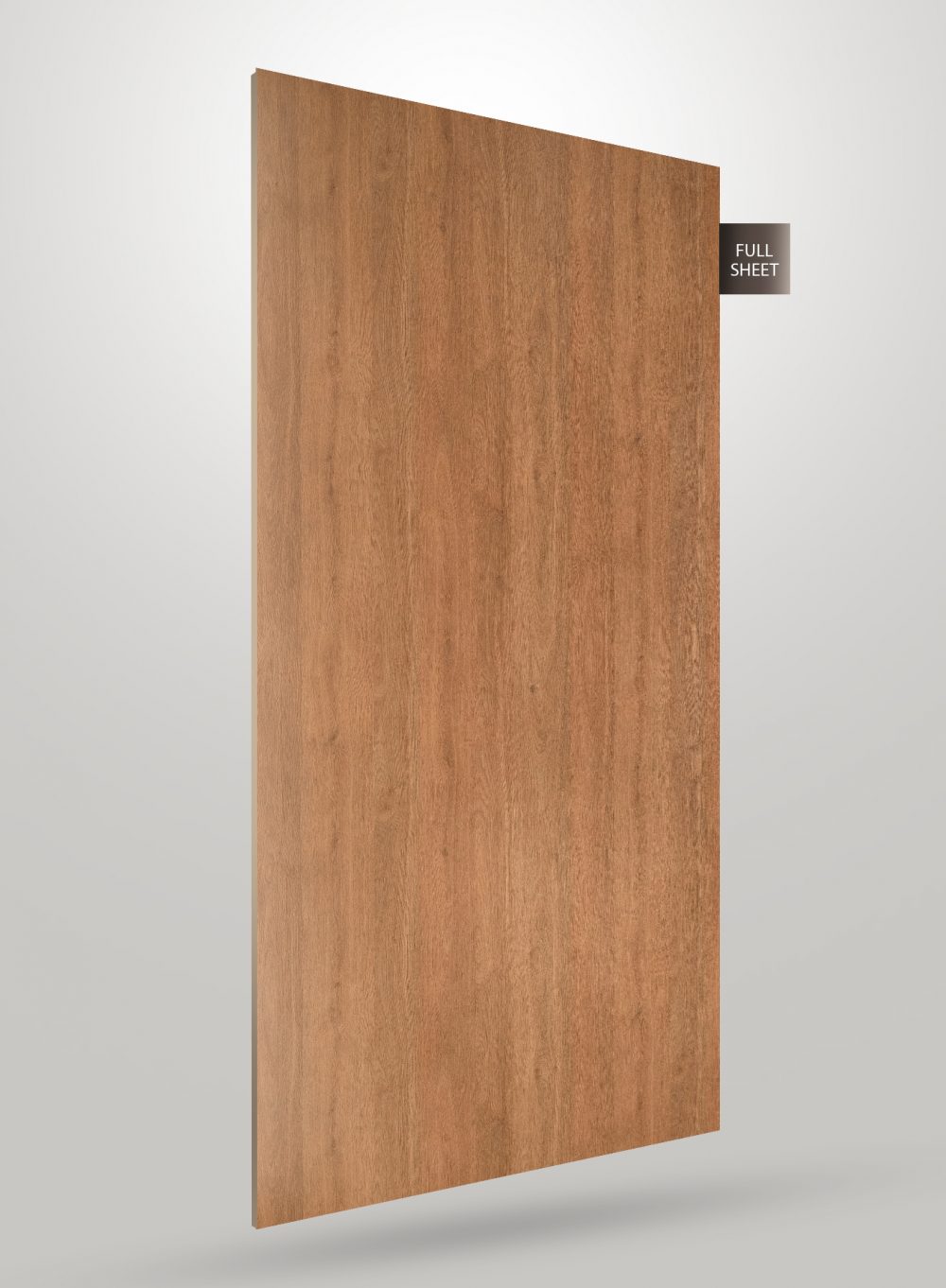 Brown wood grain decorative laminate sheet with matte finish and visible wood texture, labeled full sheet.
