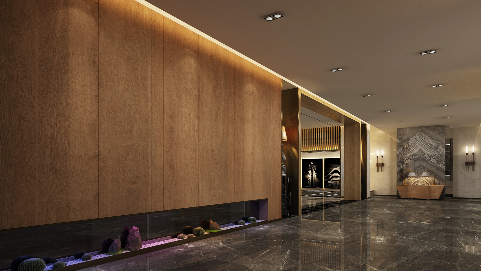 Brown wood laminate wall with matte finish and wood grain texture in a modern interior setting with decorative elements.