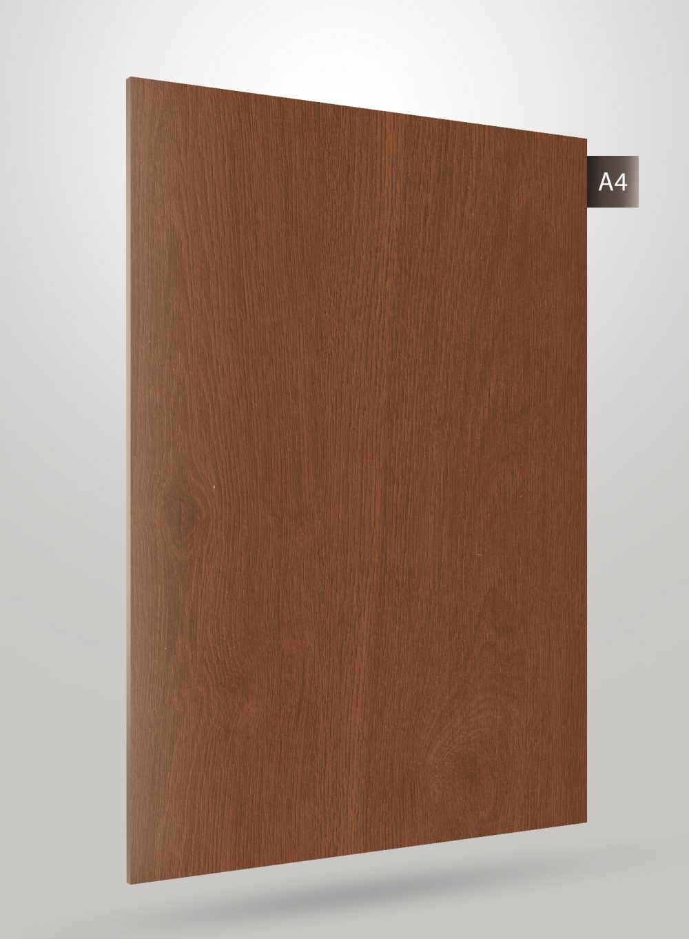 Brown wood grain decorative laminate with matte finish and straight grain pattern on a square sheet.