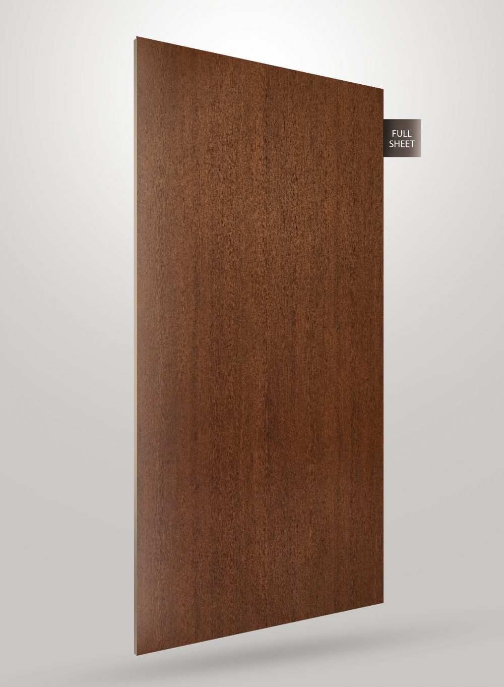 Brown wood grain decorative laminate with matte finish and visible texture, shown as a full sheet.