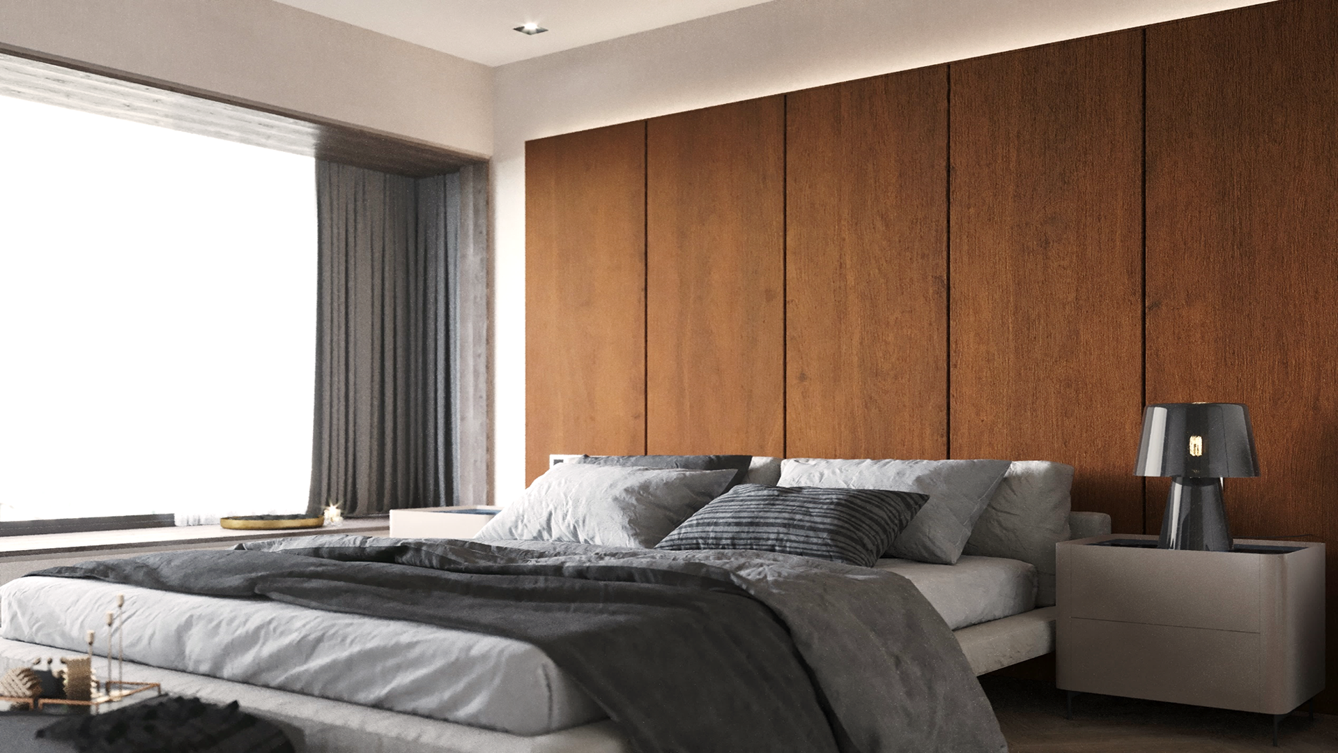 Brown wood laminate wall panels with matte finish and wood grain texture in modern bedroom interior design setting