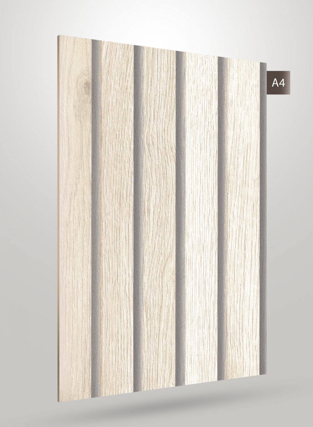 Beige fluted decorative laminate with matte finish and textured wood grain pattern on raised vertical strips.
