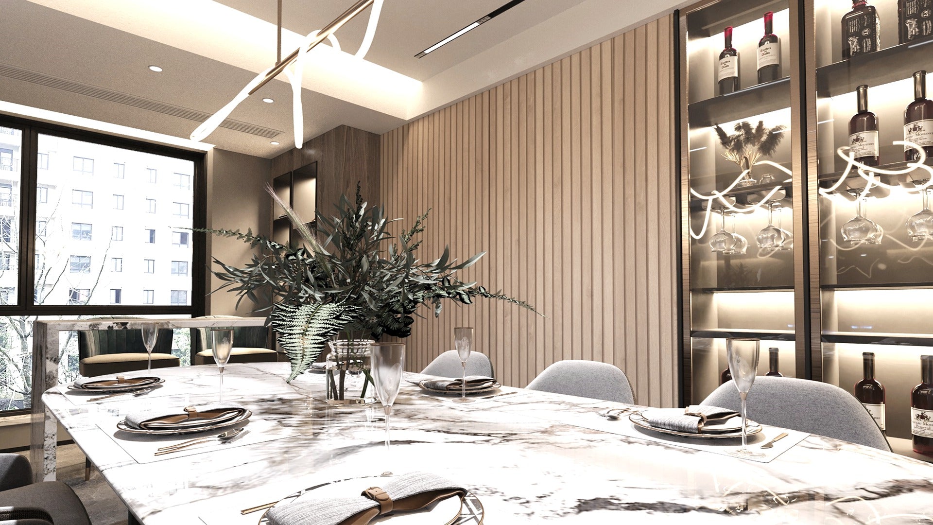 Beige fluted laminate wall in modern dining room with vertical grooves and matte finish