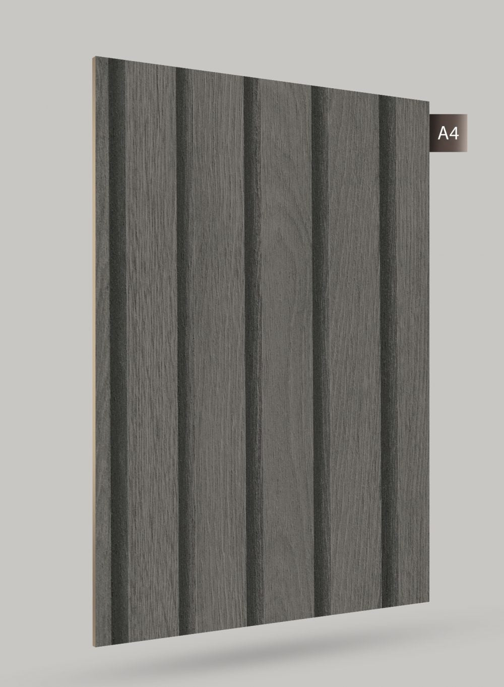 Grey fluted decorative laminate with matte finish and vertical grooves, showing wood grain texture on its surface.