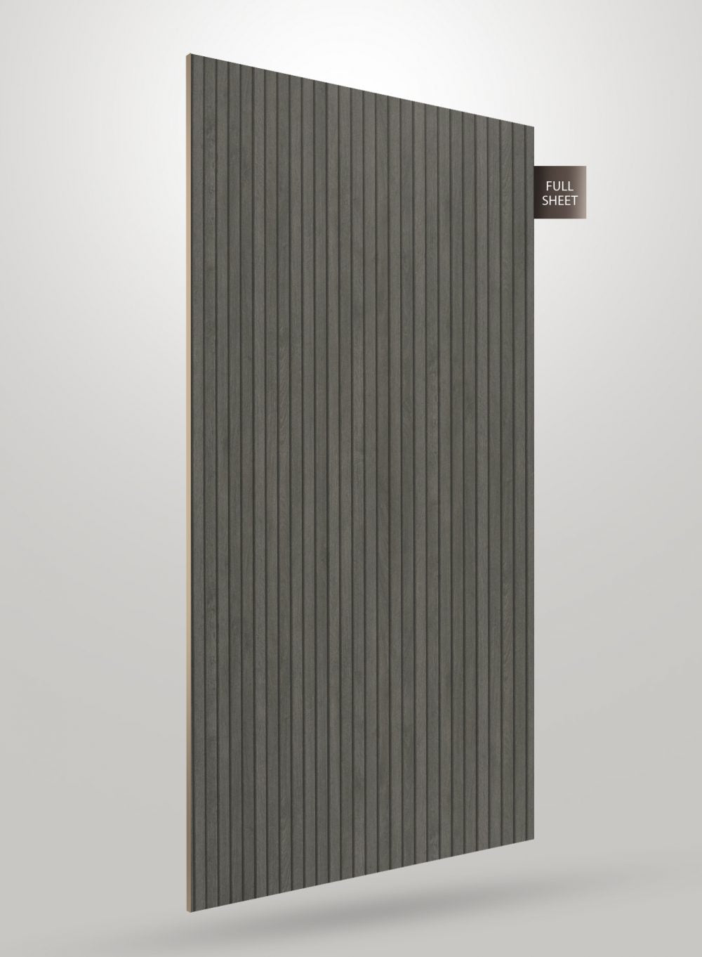 Grey fluted laminate sheet with matte finish and vertical grooves, displaying a full sheet view.