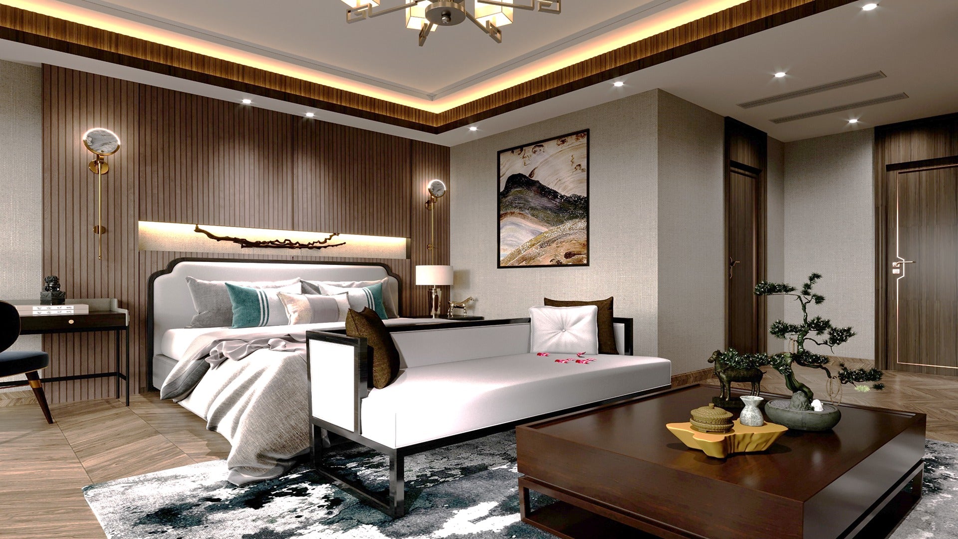 Brown fluted decorative laminate wall panel in modern bedroom with matte finish and vertical grooves.