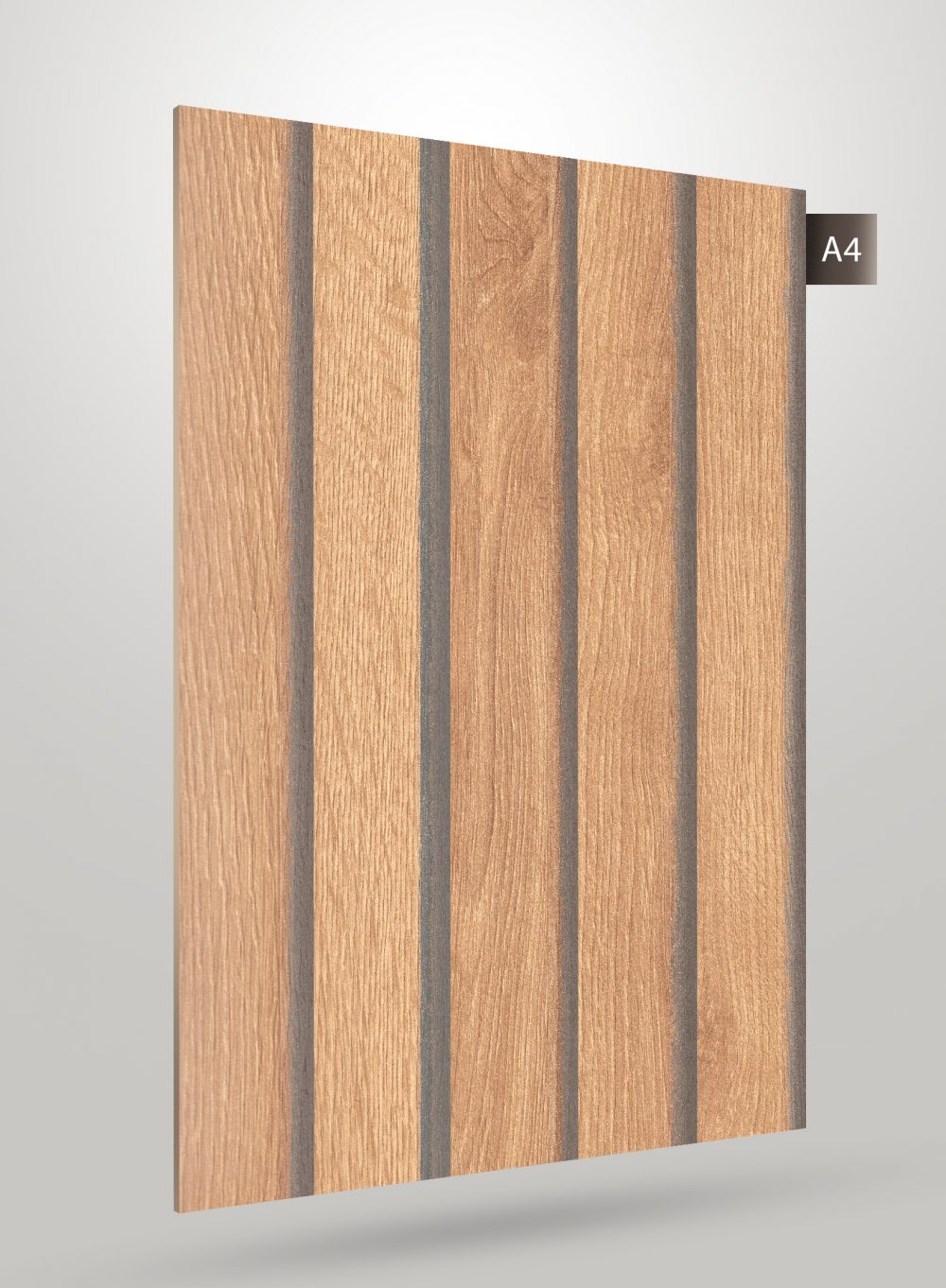 Brown decorative laminate with fluted pattern and matte finish showing wood grain texture and vertical grooves.