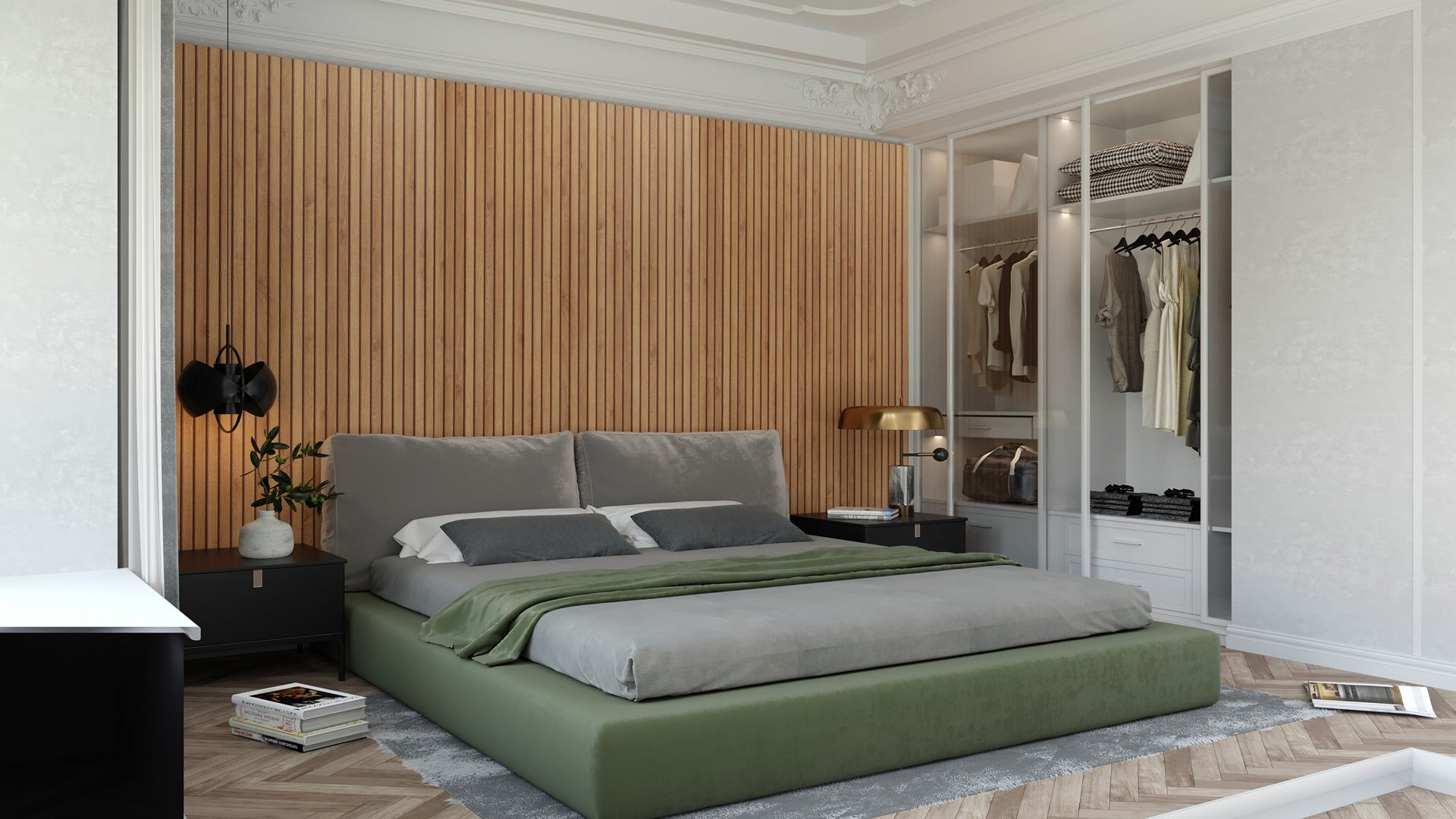 Brown fluted decorative laminate wall in modern bedroom with closet and bedding, showcasing matte finish and vertical wood