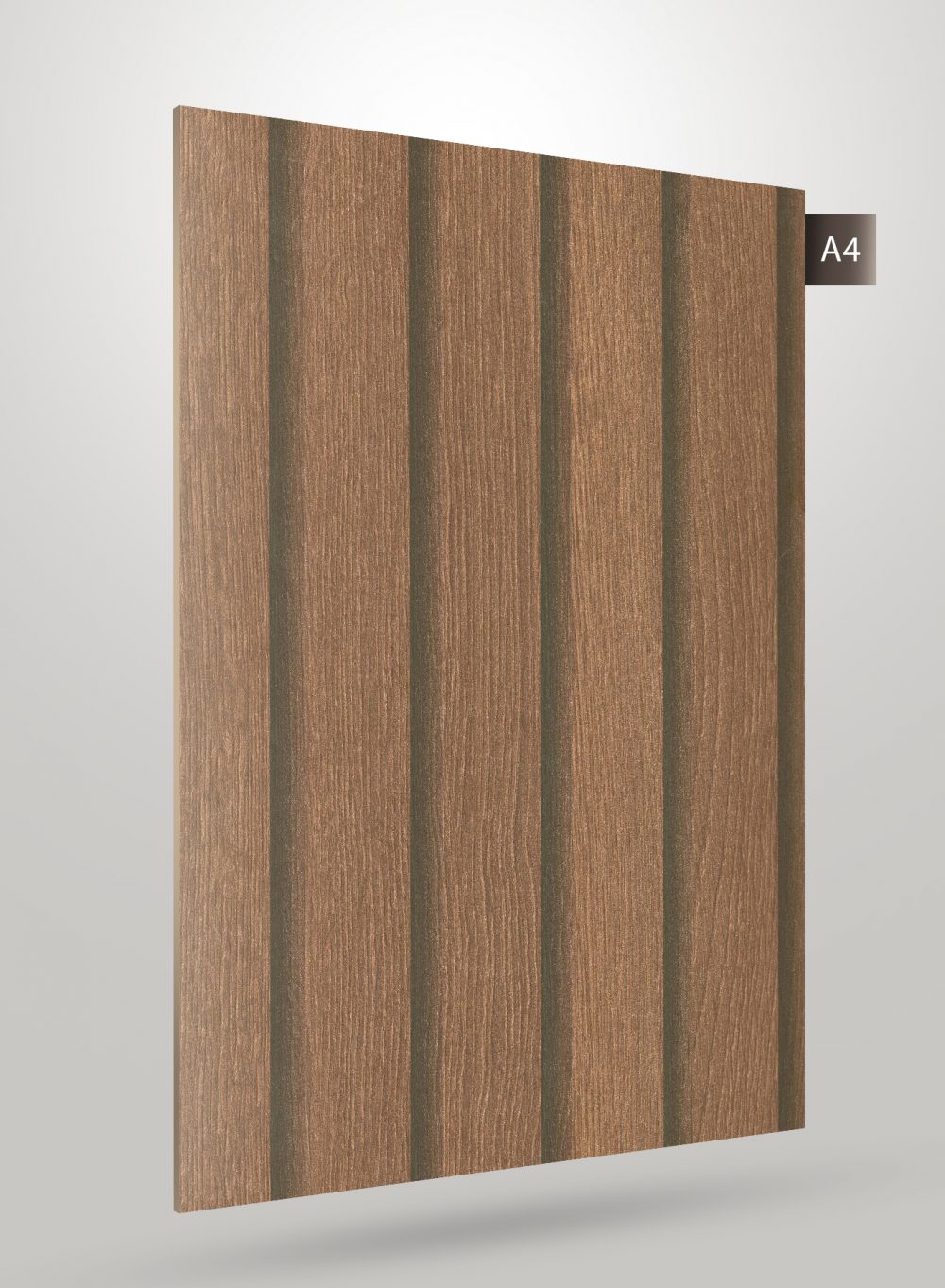 Brown fluted decorative laminate with matte finish and vertical grooves, showcasing textured wood grain pattern on a square