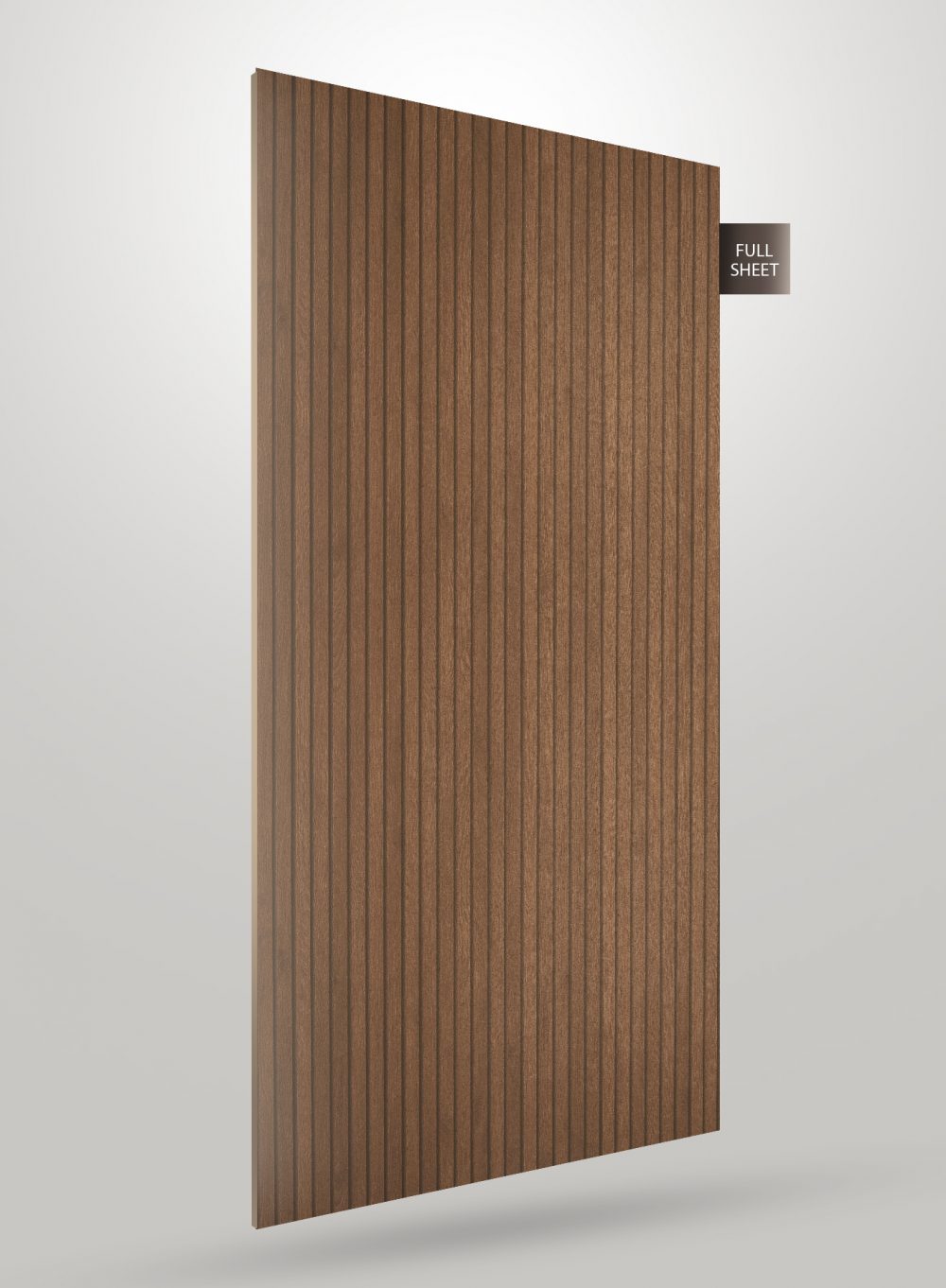 Brown decorative fluted laminate sheet with matte finish and vertical grooves, displaying wood grain texture and full sheet