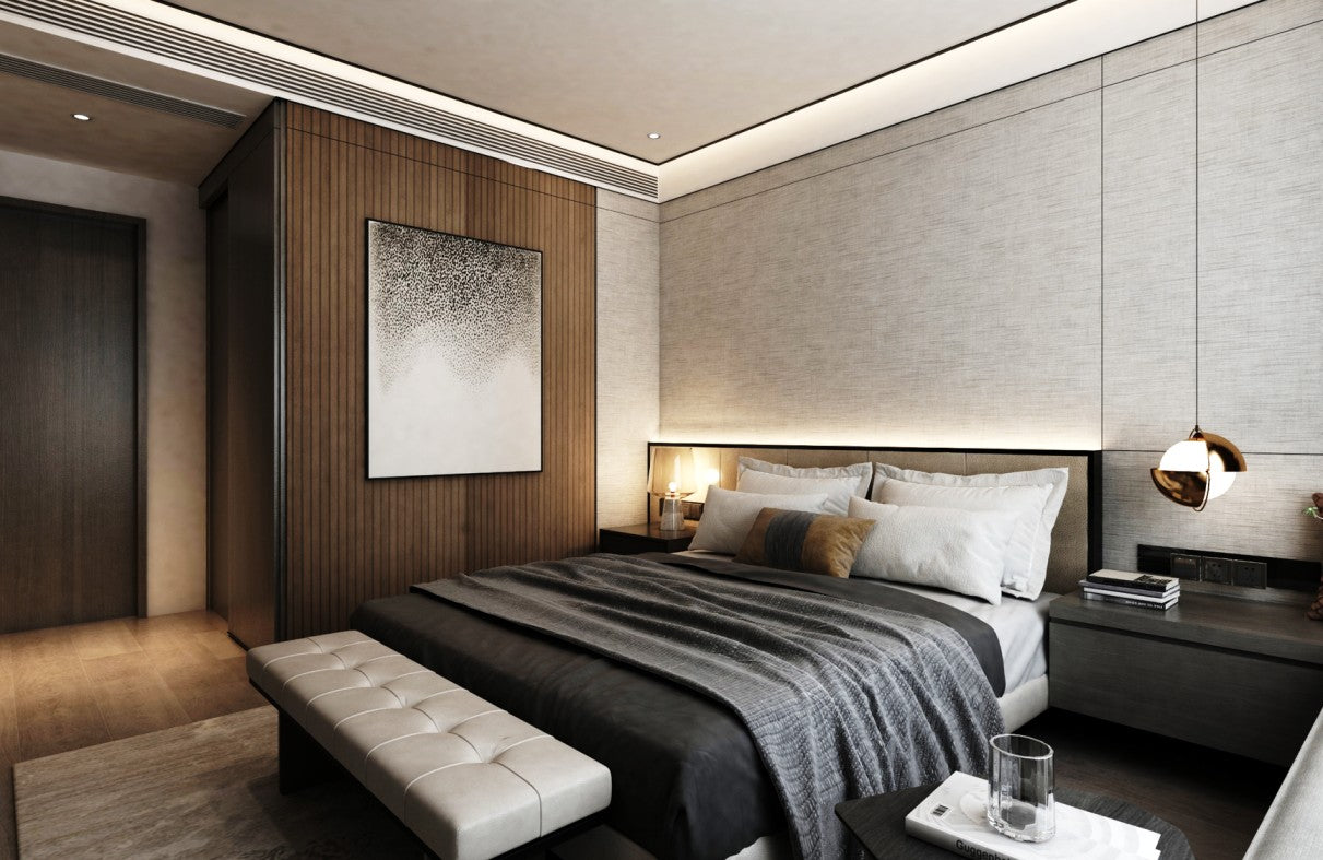 Brown fluted laminate wall in modern bedroom with matte finish and vertical grooves, showcasing decorative laminate design.