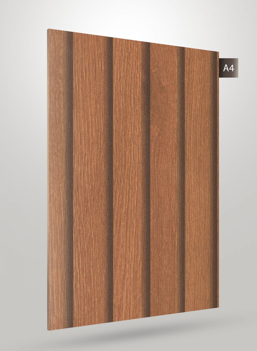 Brown decorative fluted laminate with matte finish and wood grain texture, showing vertical grooves and subtle sheen