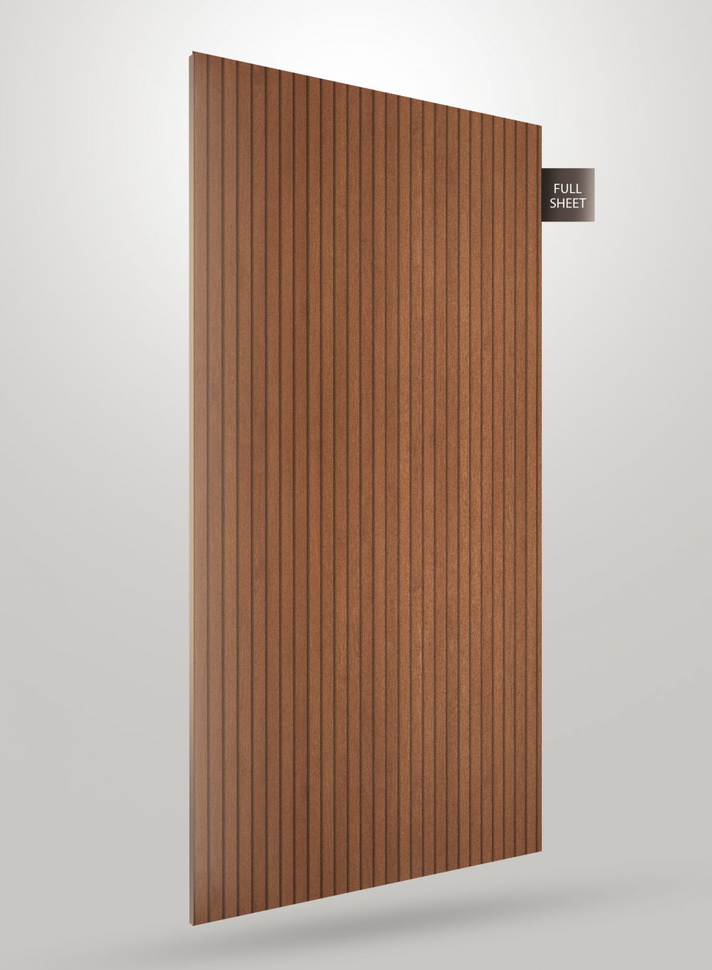 Brown fluted decorative laminate with matte finish and vertical grooves, showing texture and pattern details on full sheet.