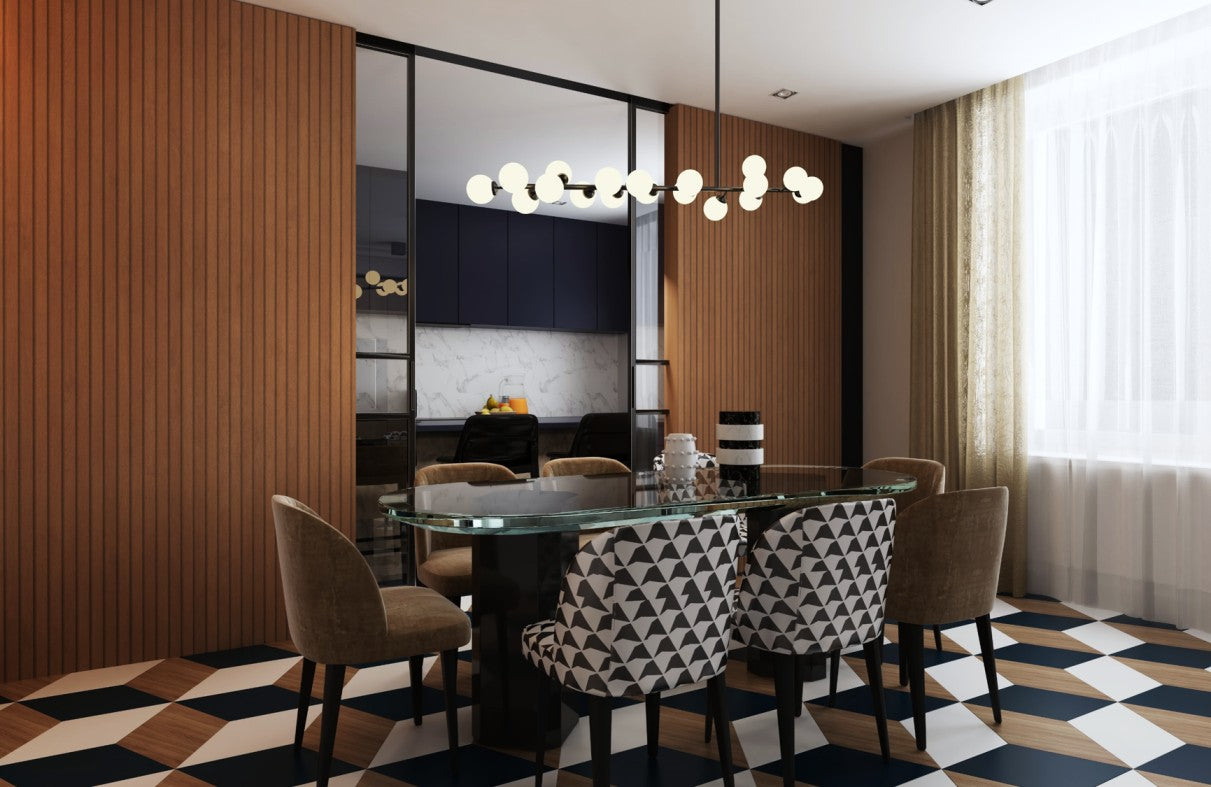 Brown fluted laminate wall panel in modern dining room with geometric patterned chairs and glass table, matte finish visible.