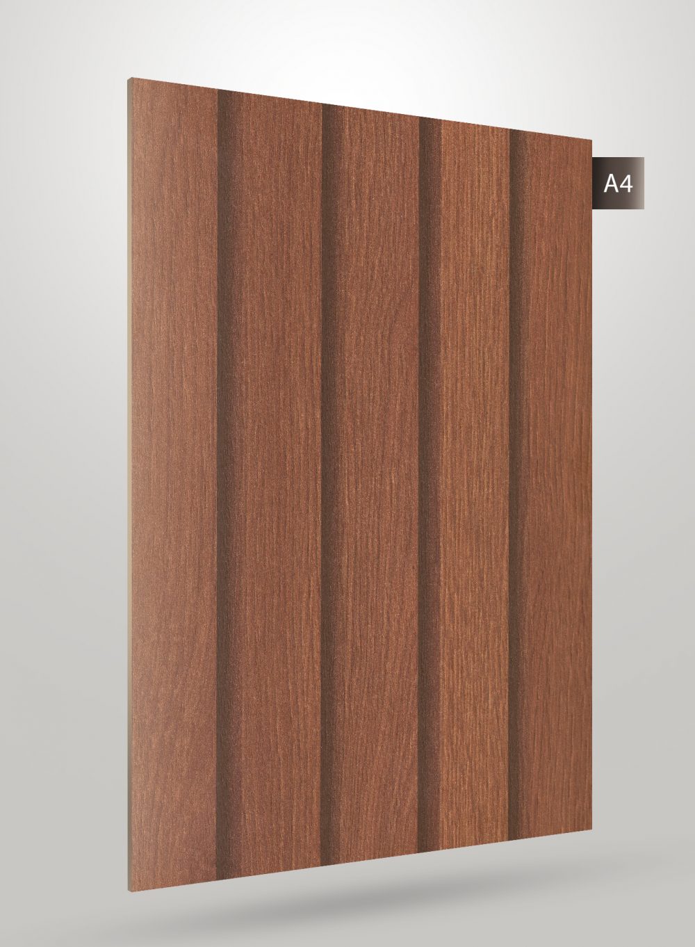 Brown fluted decorative laminate with matte finish and vertical grooves, showcasing wood grain texture and subtle sheen