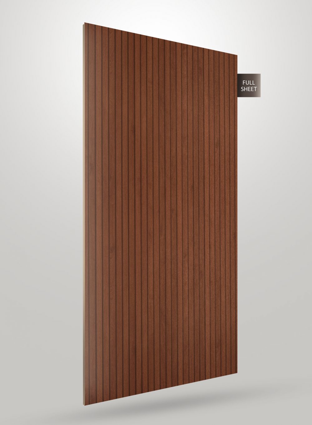 Brown decorative fluted laminate sheet with matte finish and vertical grooves, showing full sheet view