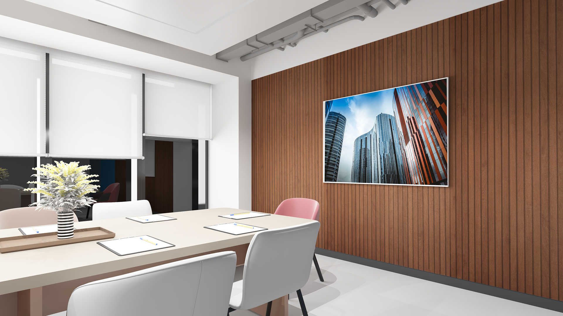 Brown fluted laminate wall in a modern office with vertical grooves and matte finish.