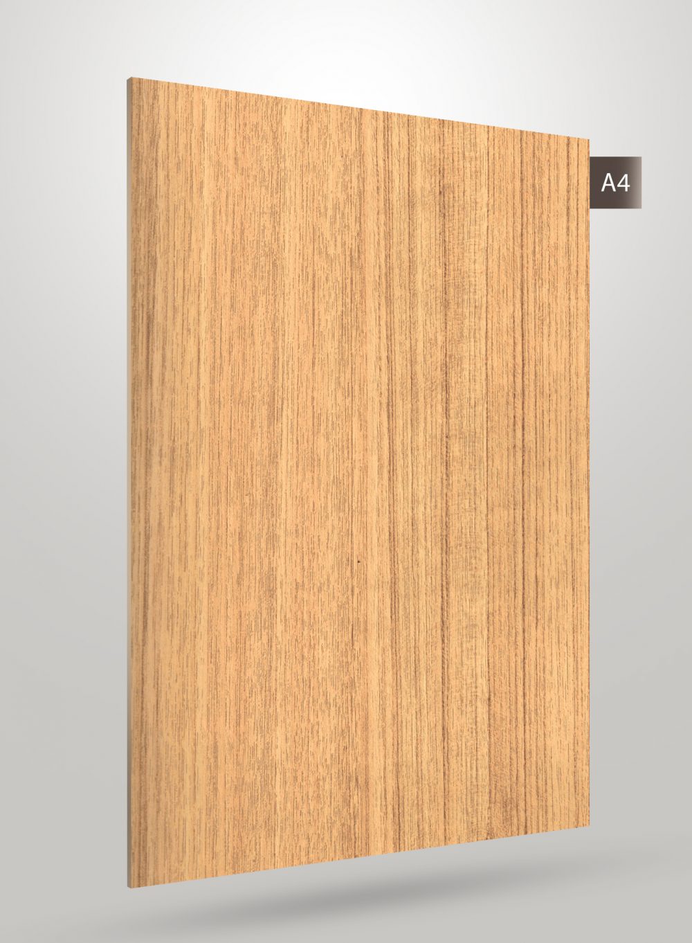 Brown wood grain decorative laminate with matte finish and vertical wood texture pattern on a square sheet