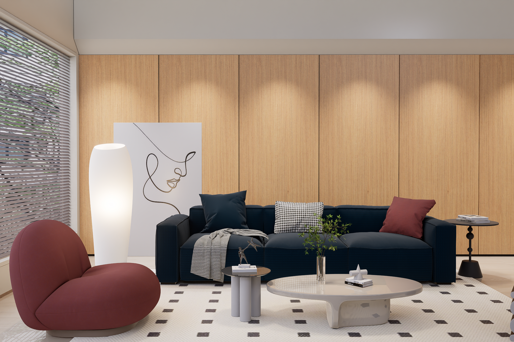 Brown wood grain decorative laminate wall with matte finish in a modern living room setting with furniture and decor