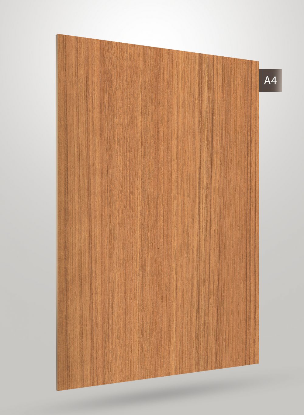 Brown wood grain decorative laminate with matte finish and vertical wood pattern texture.