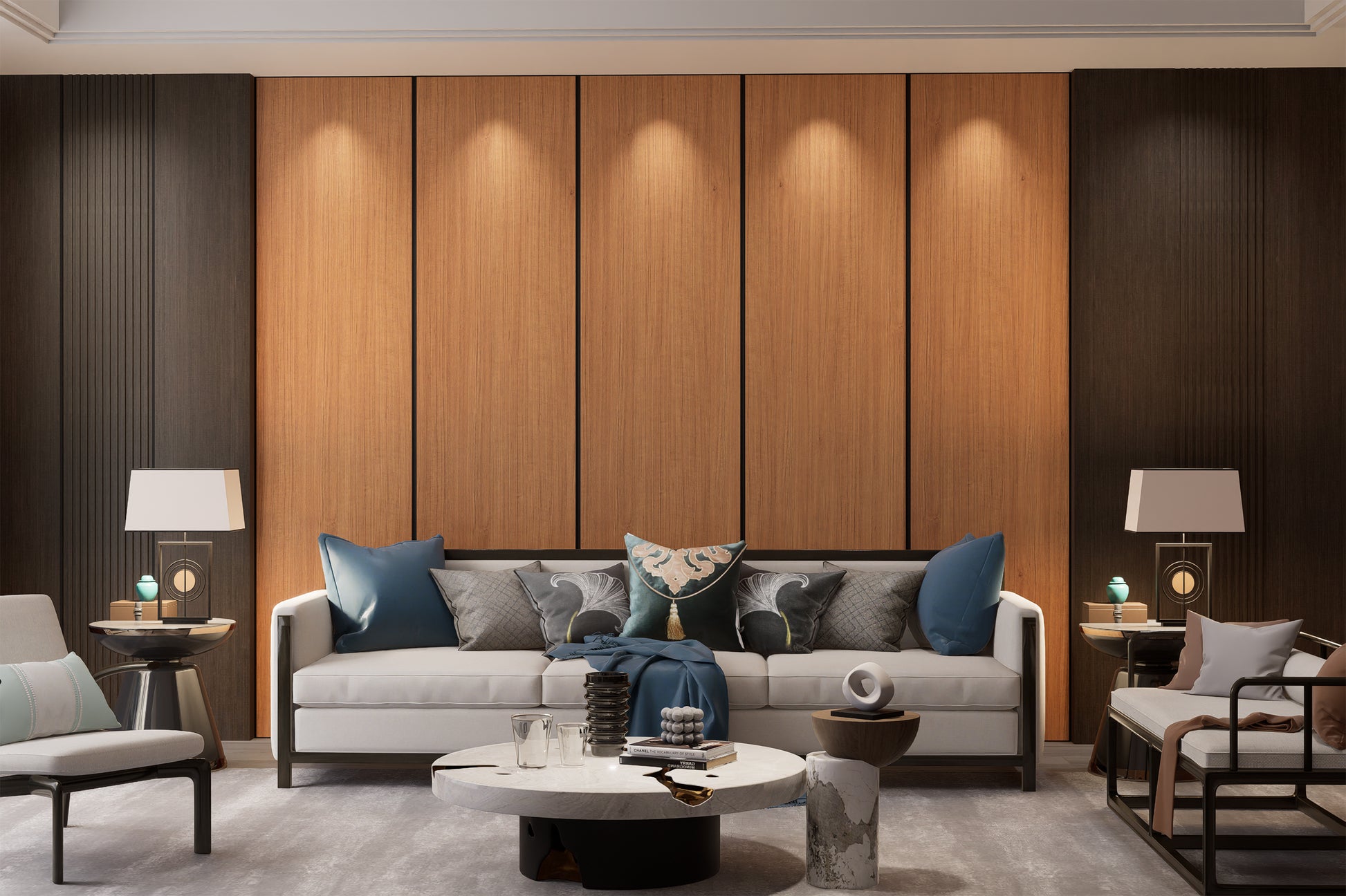 Brown wood grain laminate wall paneling with matte finish in a modern living room setting with furniture and decor