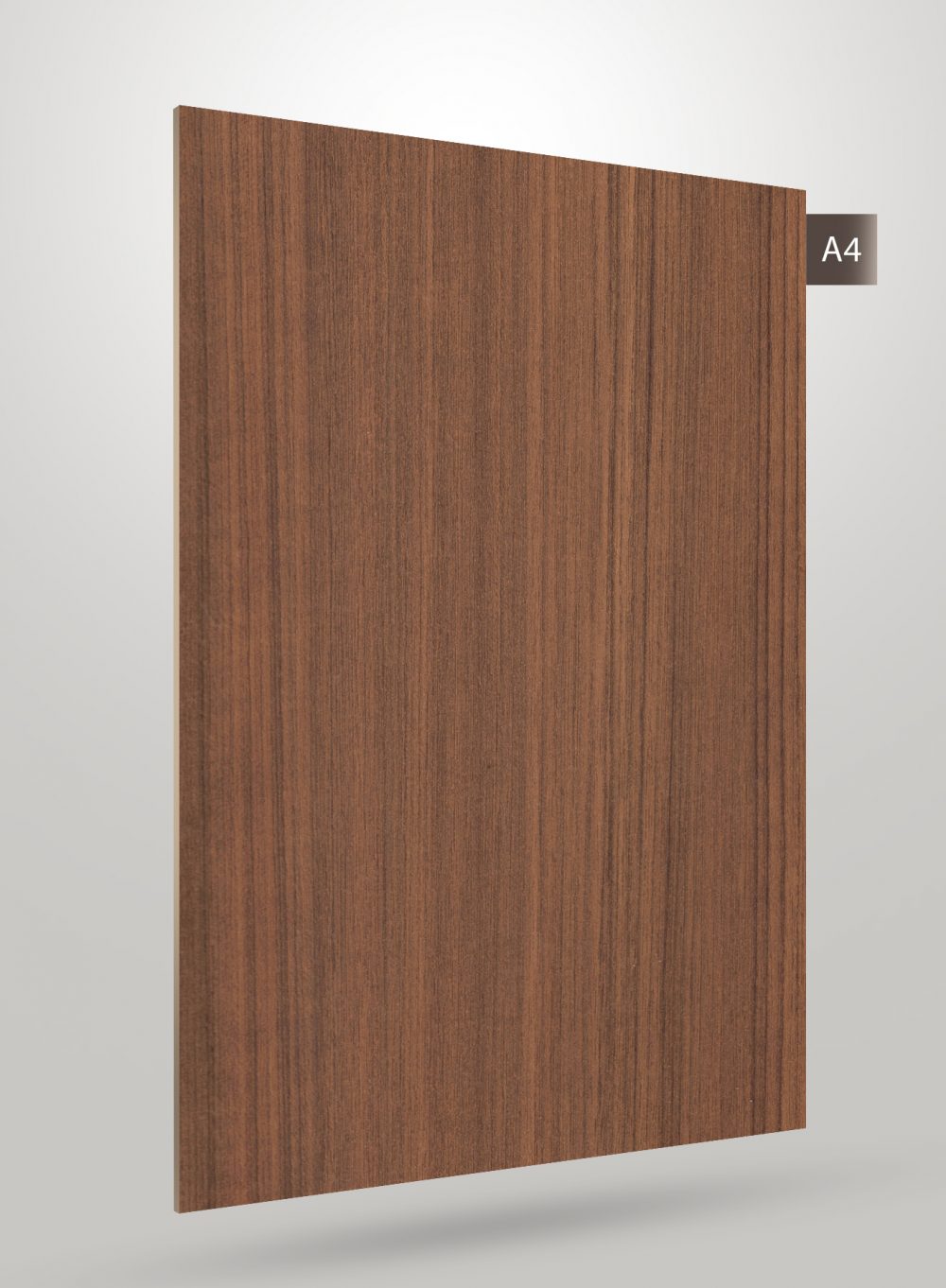 Brown wood grain decorative laminate with matte finish and vertical wood pattern texture.