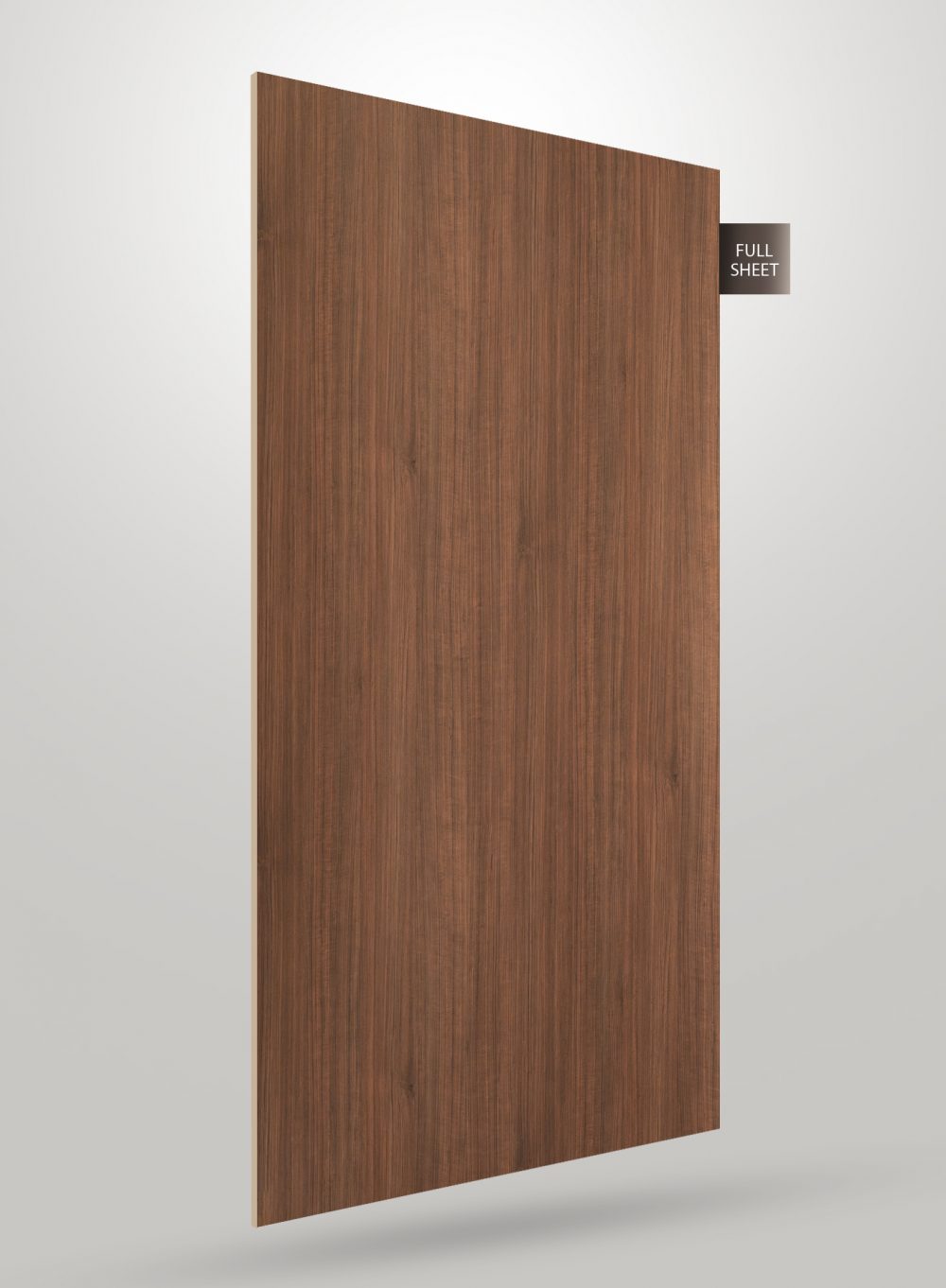 Brown wood grain decorative laminate sheet with matte finish and vertical wood pattern, labeled full sheet.