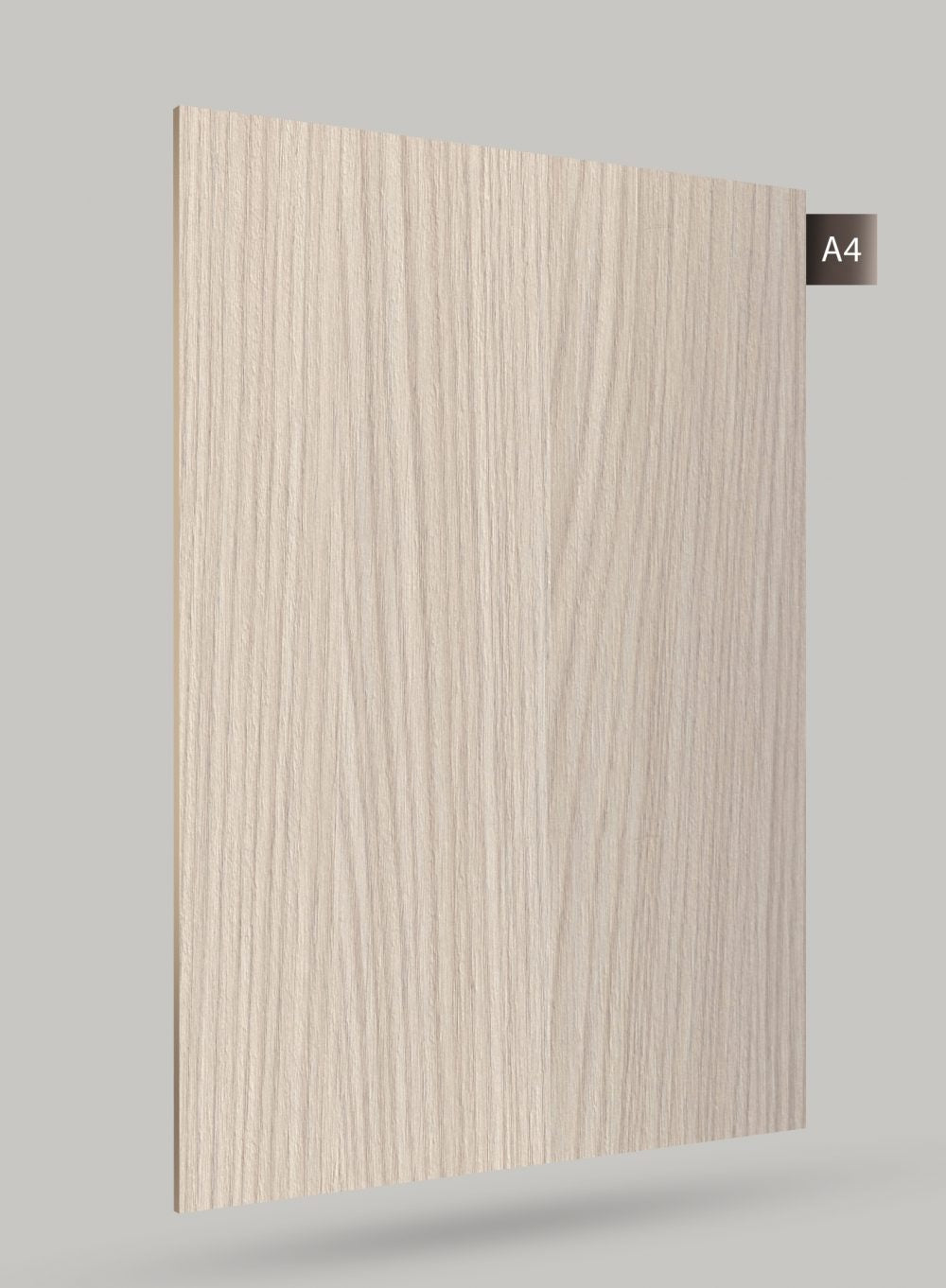 Beige wood grain decorative laminate with matte finish and vertical wood texture pattern on a light grey background