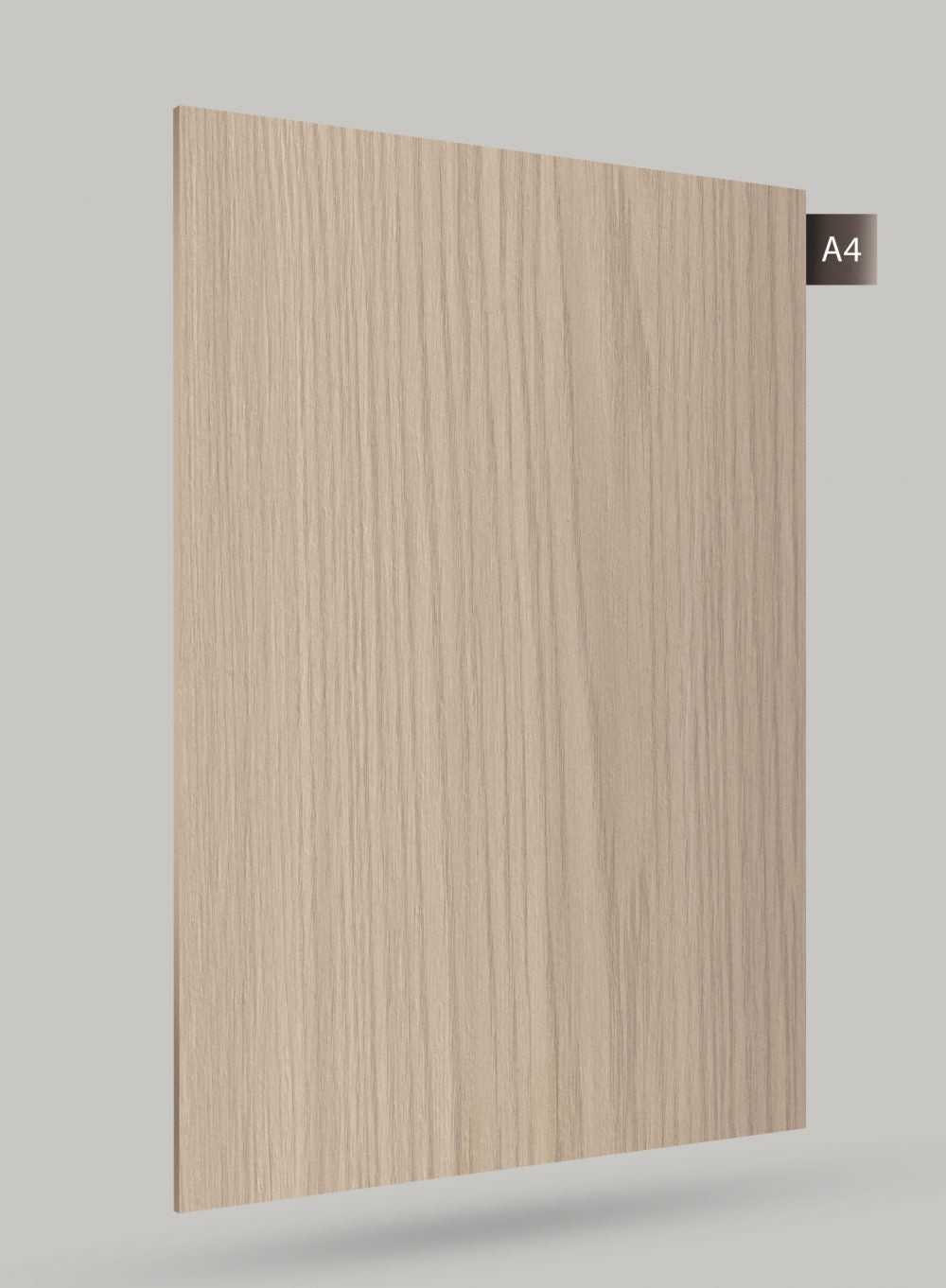 Beige wood grain decorative laminate with matte finish and vertical wood pattern on a light gray background.