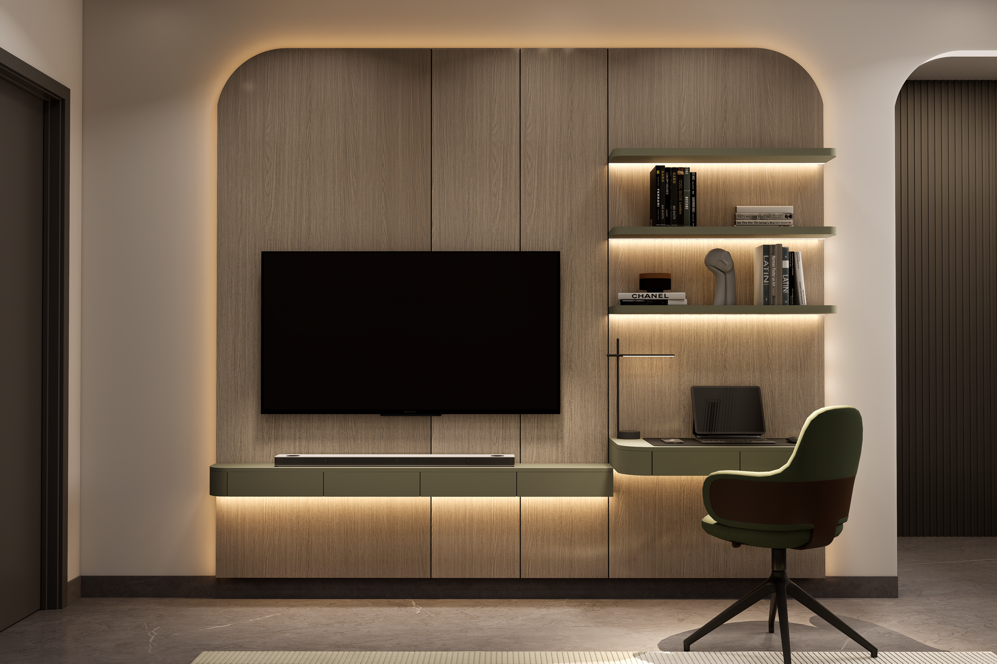 Beige wood grain laminate wall with matte finish and subtle texture used in modern home office with shelving and TV unit