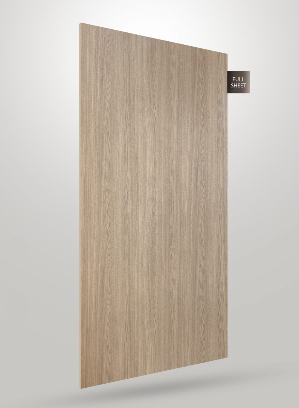 Beige wood grain laminate sheet with matte finish and vertical wood pattern displayed at an angle.
