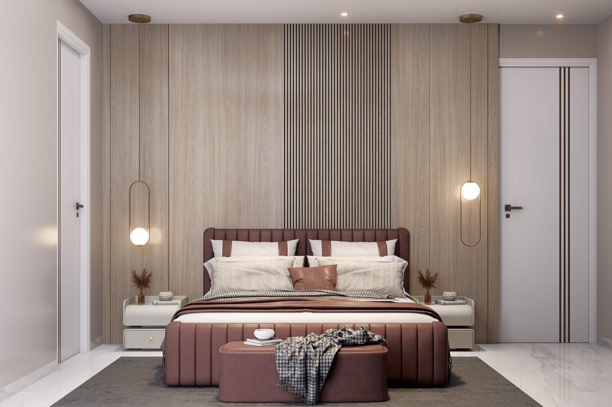 Beige wood laminate wall with matte finish and wood grain texture in a modern bedroom setting with striped accent wall