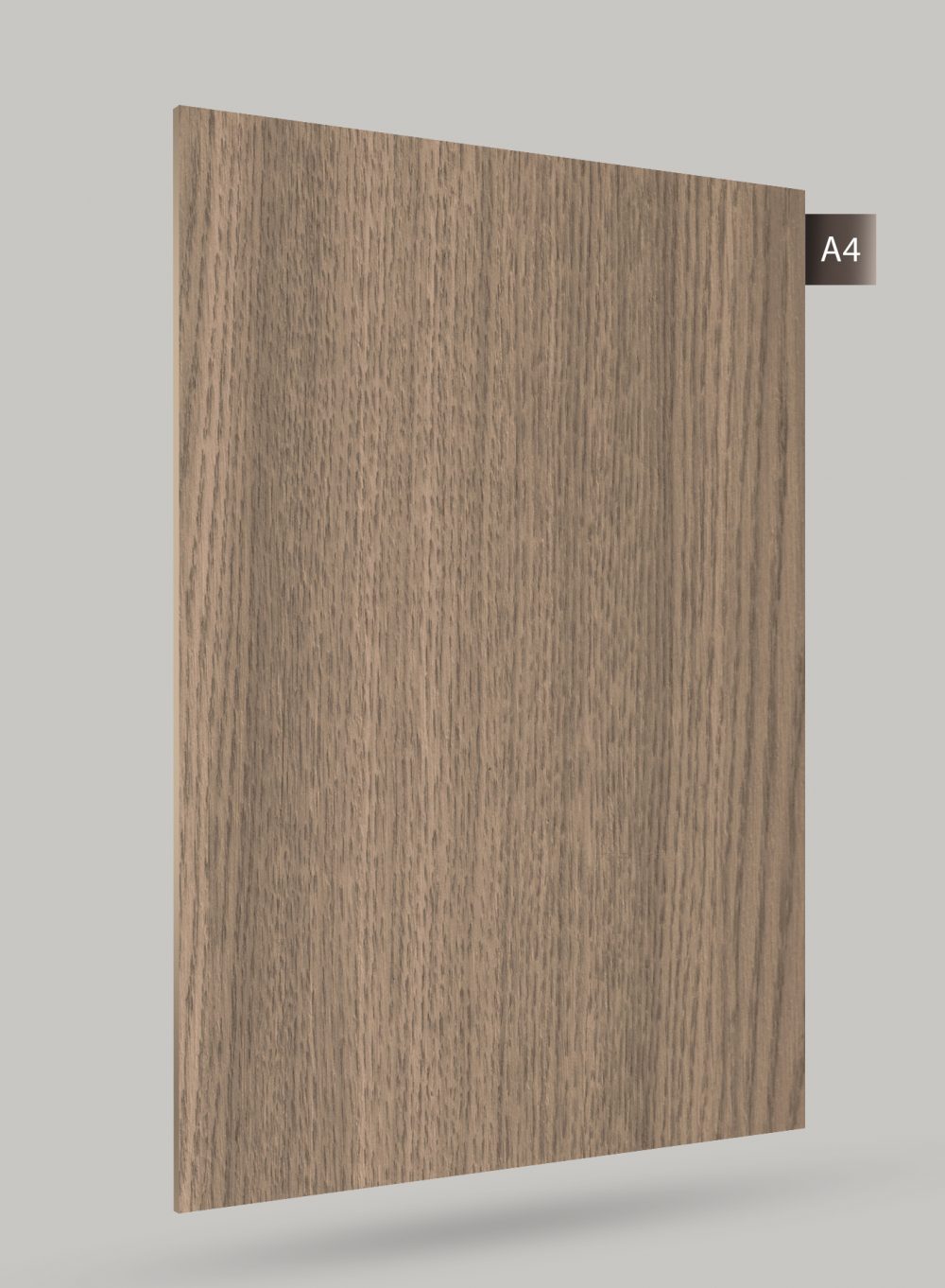 Brown wood grain decorative laminate with matte finish and vertical grain pattern, shown on a light gray background.