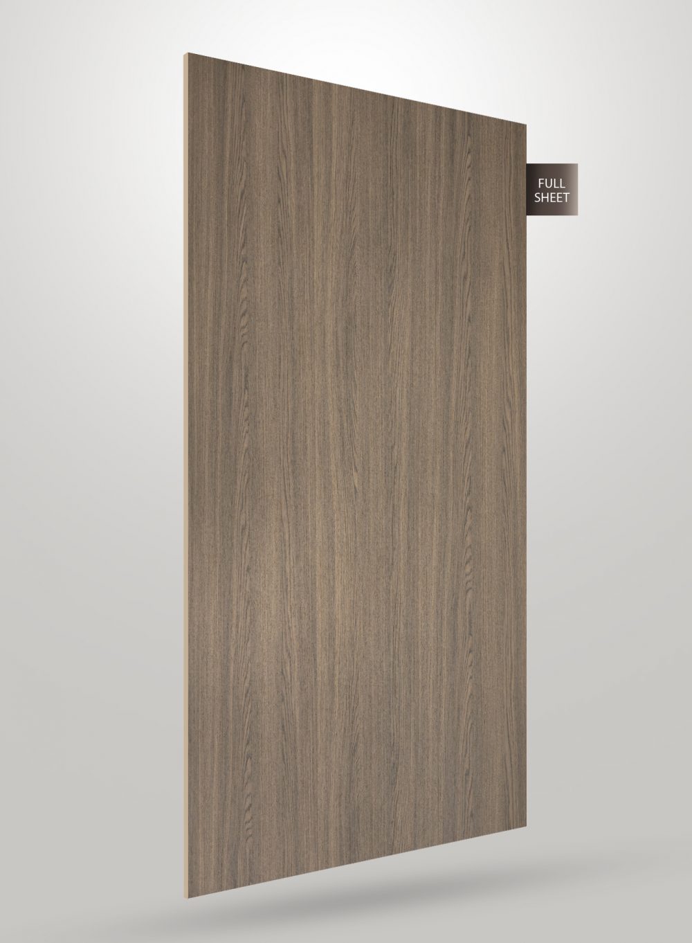 Brown wood grain decorative laminate sheet with matte finish and vertical wood pattern, labeled full sheet.