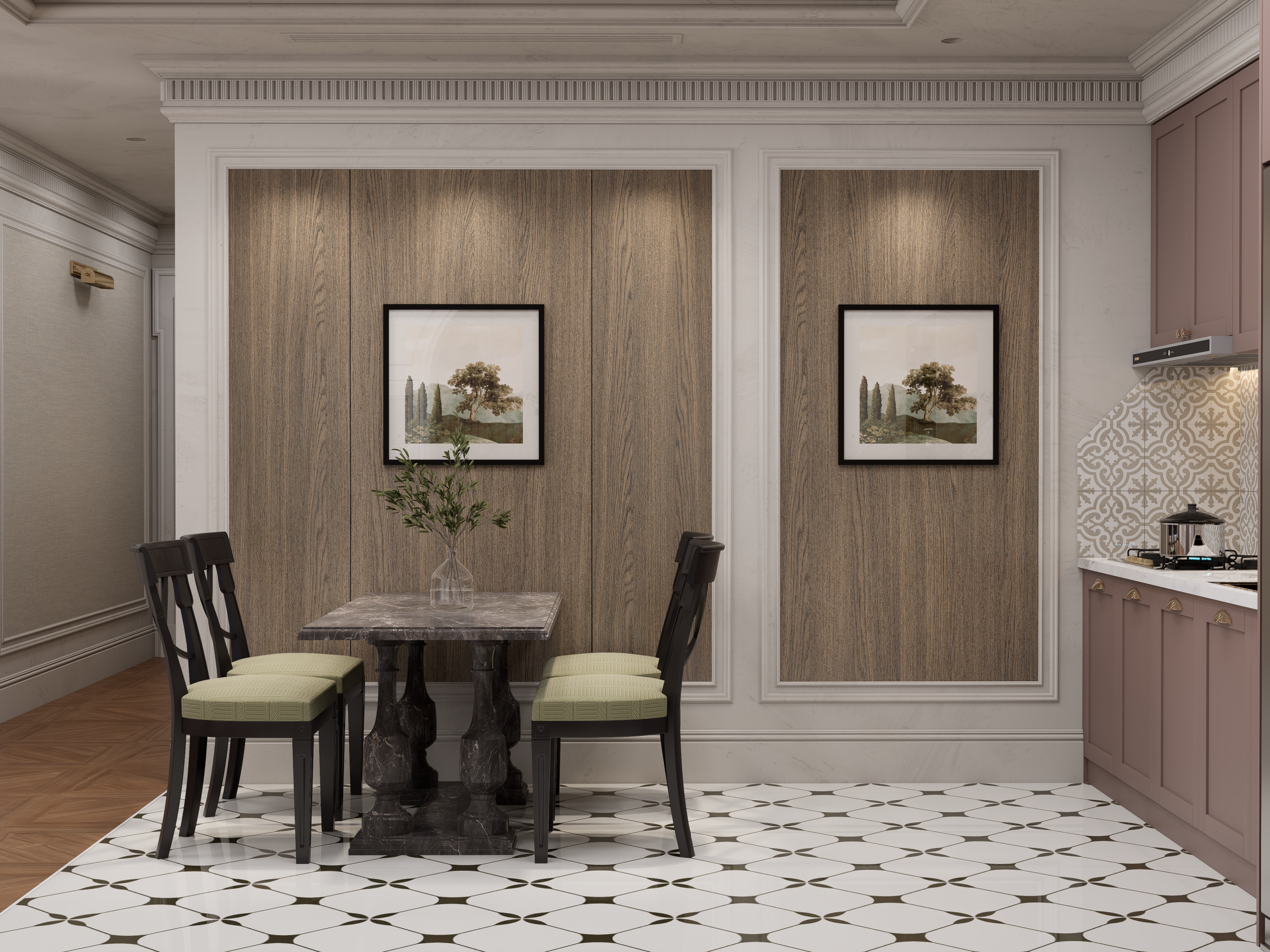 Brown wood laminate wall with matte finish and wood grain texture in a modern dining room setting with decorative elements