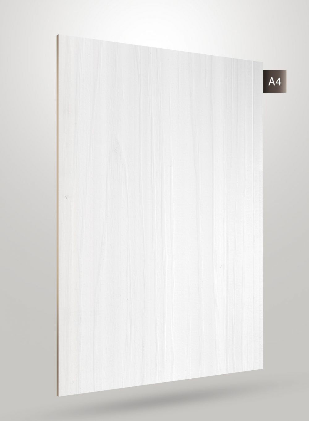 White wood grain decorative laminate with matte finish and vertical wood pattern texture.