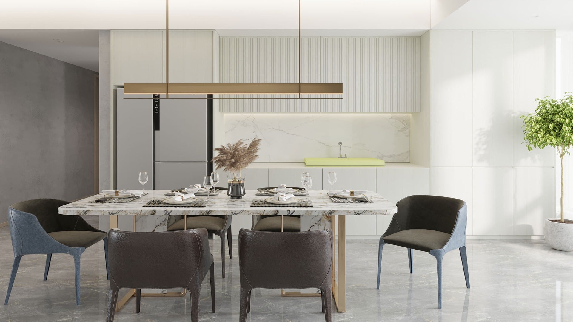 White wood laminate with matte finish and wood grain texture in modern dining room interior design setting