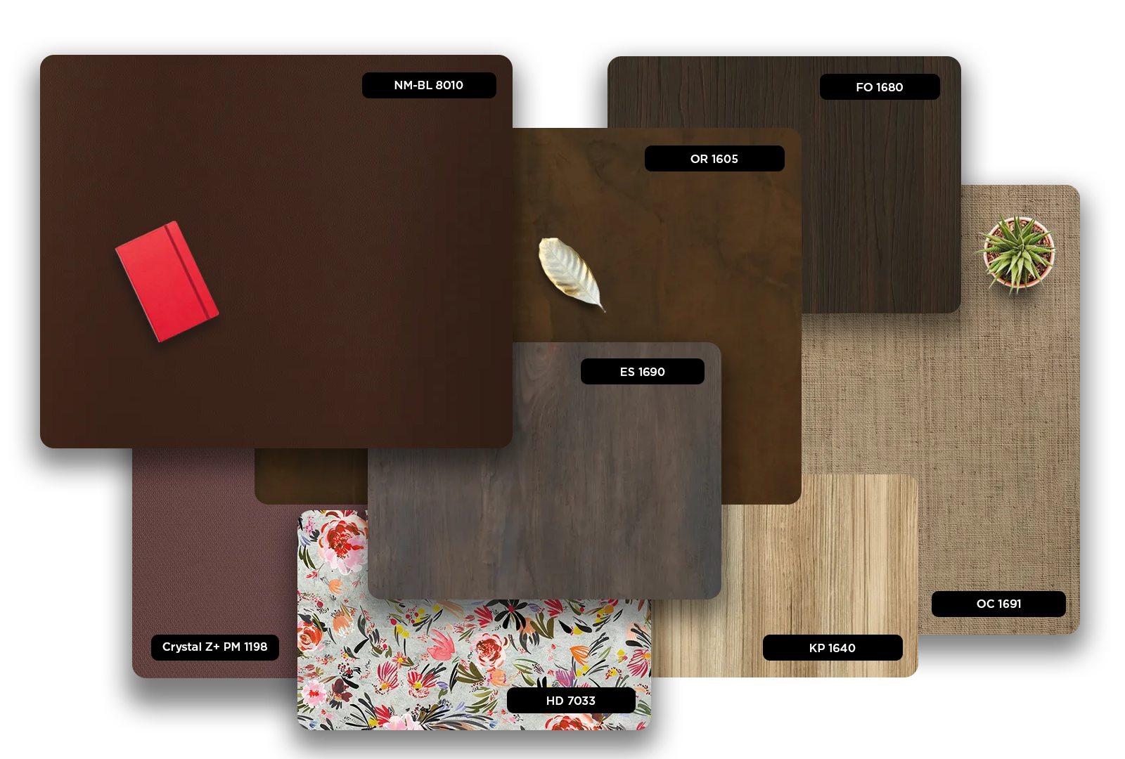 Brown wood grain decorative laminate with matte finish and visible texture, part of a laminate collection showcasing various