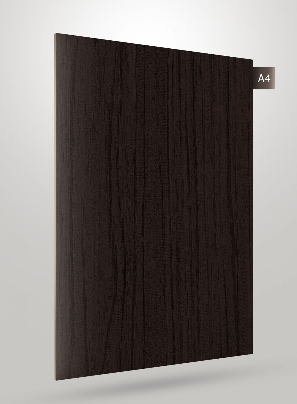 Dark brown wood grain decorative laminate with matte finish and vertical wood pattern texture.