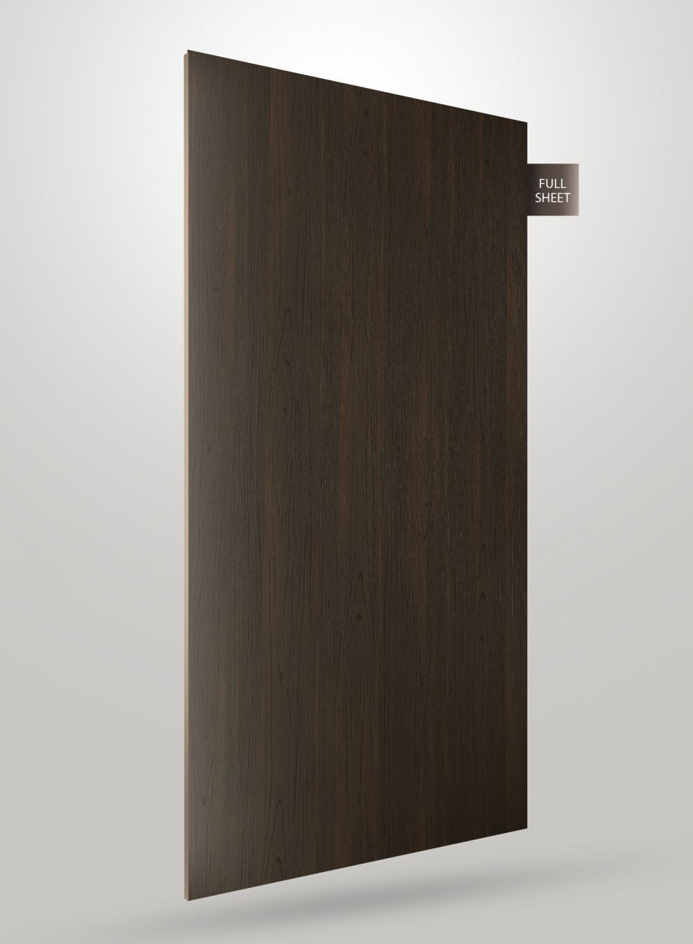 Dark brown wood grain decorative laminate with matte finish and visible wood texture on full sheet.