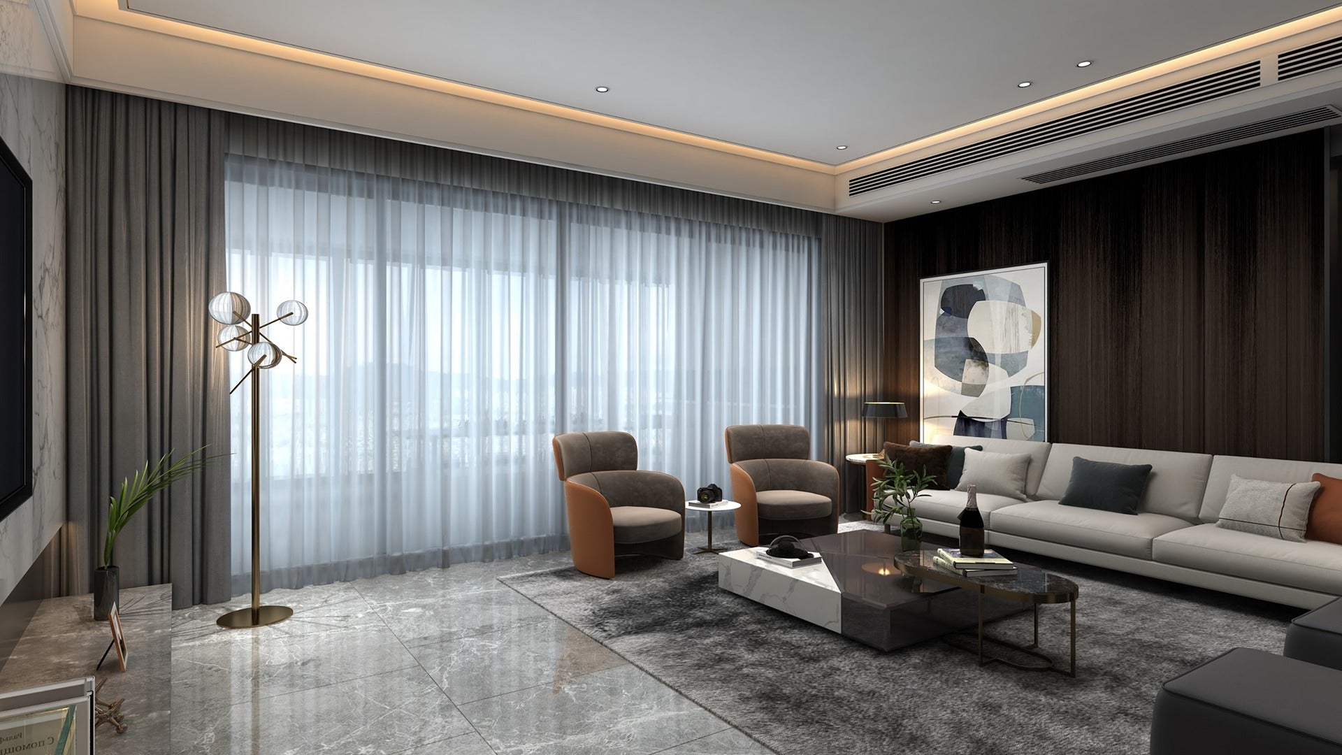 Brown wood laminate wall in modern living room with gray furniture and abstract artwork creating a sophisticated interior